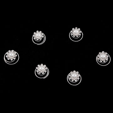 Rhinestone Flower with Glass Pearl Center Spiral Bridal Hair Pin (Set of 6)